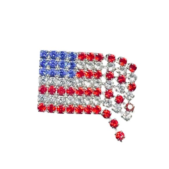 Silver Tone With Red, Clear And Blue Rhinestones Articulating Flag Brooch (5588) - Picture 1 of 5
